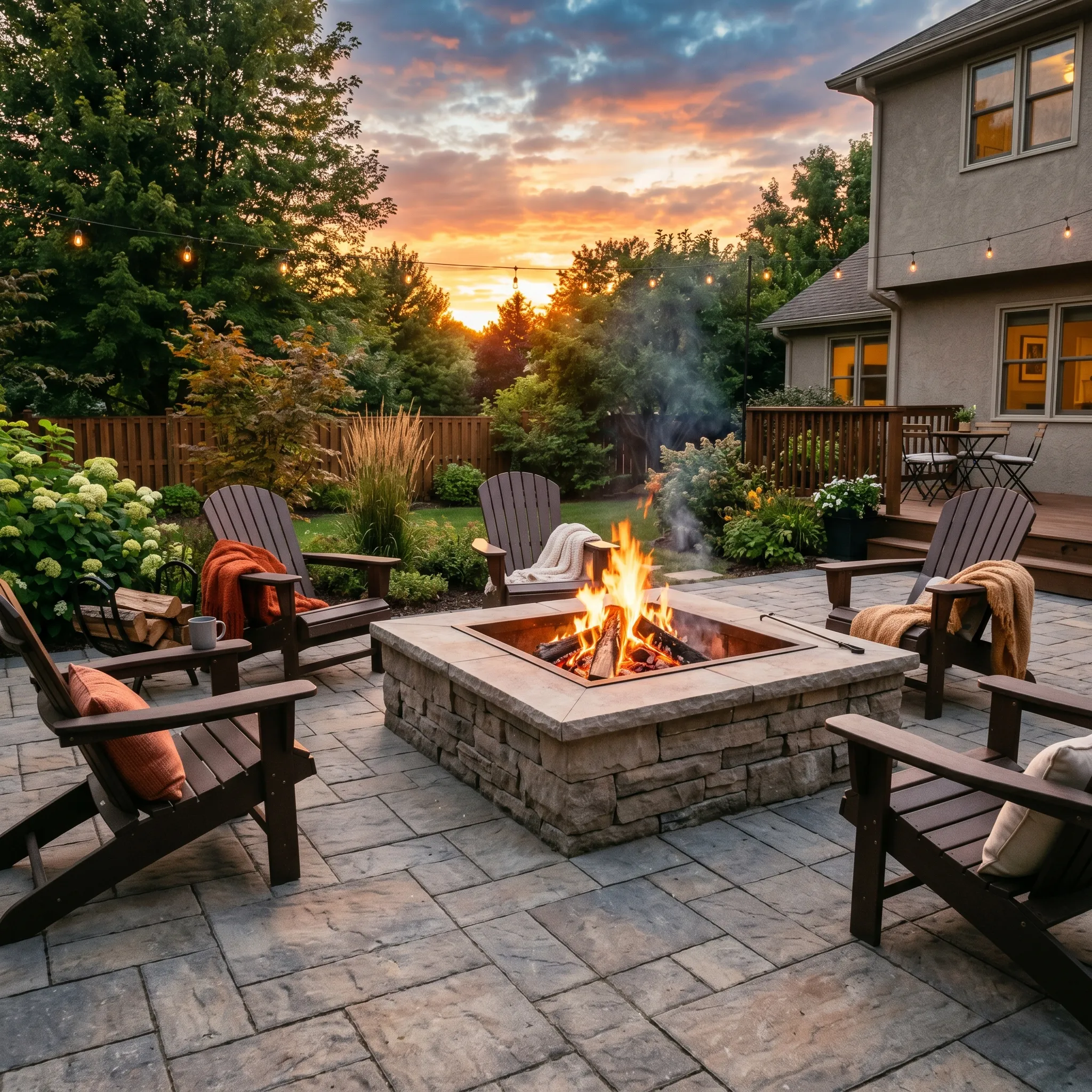Custom firepit built into a backyard patio in Cleveland Heights, OH